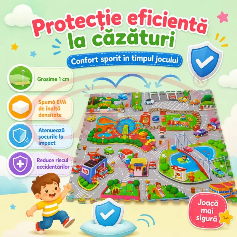 Covoras Puzzle din Spuma EVA de joaca pentru copii, 60 x 60 cm, 4 piese - Oraselul Vesel