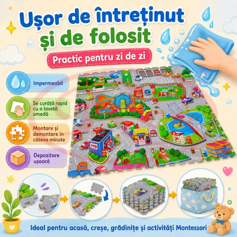 Covoras Puzzle din Spuma EVA de joaca pentru copii, 60 x 60 cm, 4 piese - Oraselul Vesel