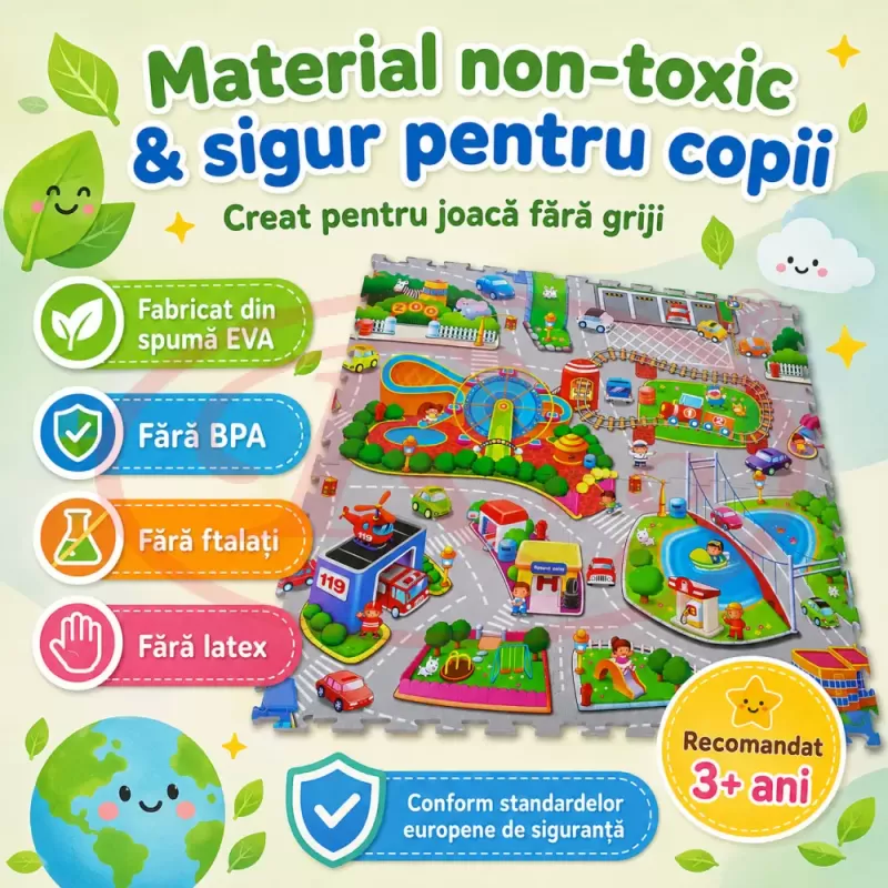 Covoras Puzzle din Spuma EVA de joaca pentru copii, 60 x 60 cm, 4 piese - Oraselul Vesel