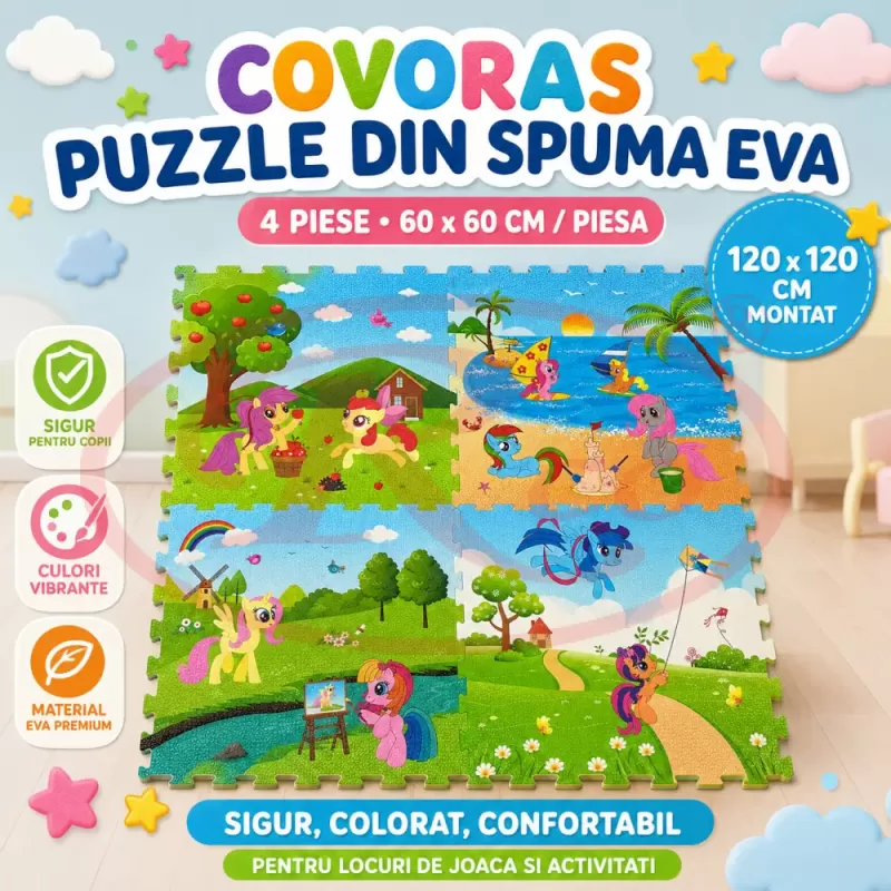 Covoras Puzzle din Spuma EVA de joaca pentru copii, 60 x 60 cm, 4 piese - Ponei