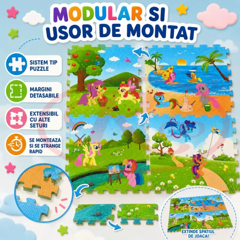 Covoras Puzzle din Spuma EVA de joaca pentru copii, 60 x 60 cm, 4 piese - Ponei