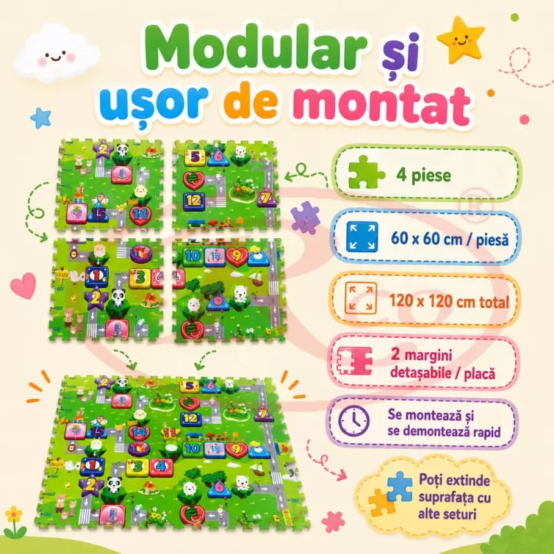Covoras Puzzle din Spuma EVA de joaca pentru copii, 60 x 60 cm, 4 piese - Traseu
