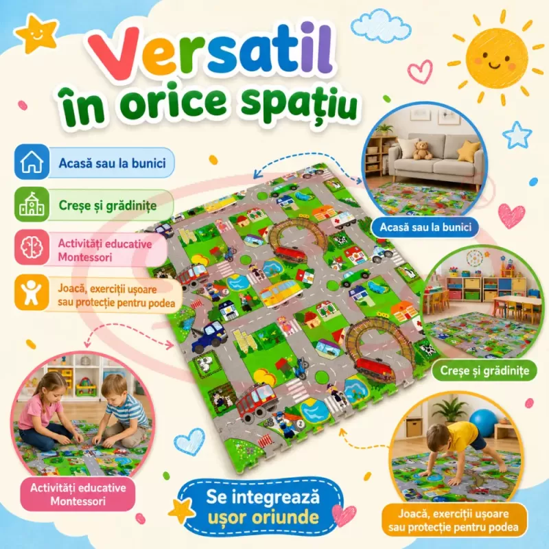 Covoras Puzzle din Spuma EVA de joaca pentru copii, 60 x 60 cm, 4 piese - Urban