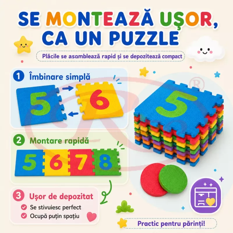 Set sotron din spuma EVA pentru copii, cu cifre, culori si placi puzzle moi
