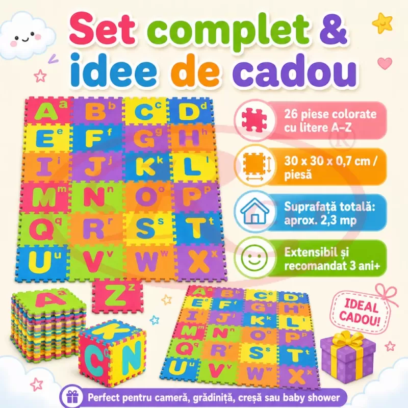 Covor puzzle termic si educativ cu literele alfabetului 26 piese A-Z