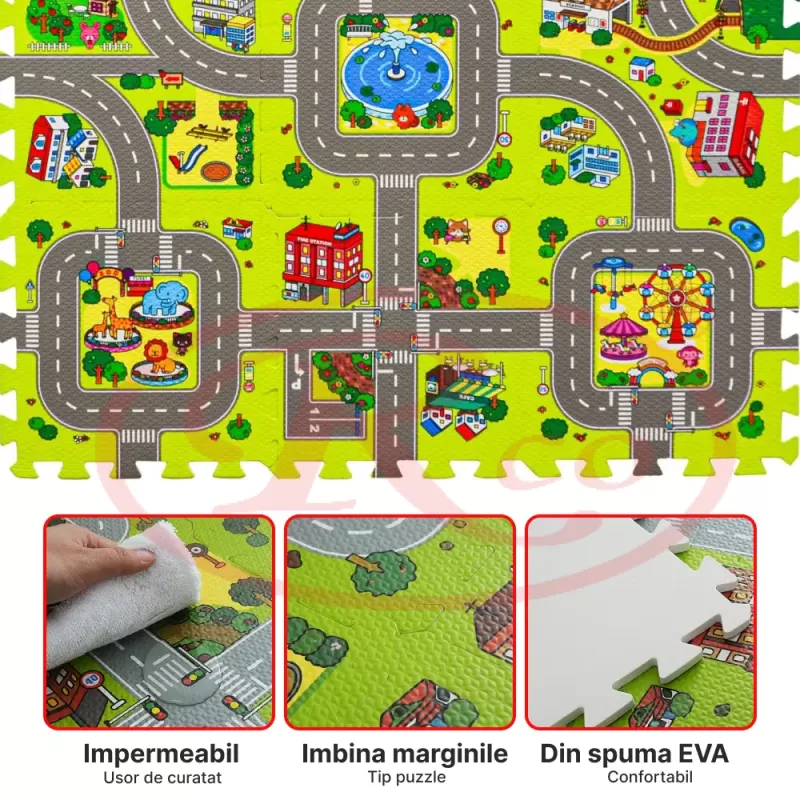 Covor puzzle din spuma EVA pentru copii – Pista masinute, 9 piese, 90x90 cm, grosime 1 cm