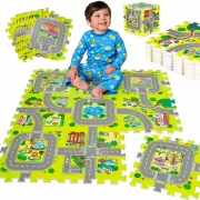 Covor puzzle din spuma EVA pentru copii – Pista masinute, 9 piese, 90x90 cm, grosime 1 cm