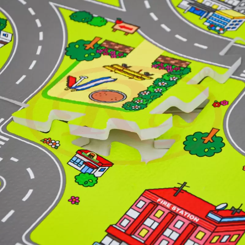 Covor puzzle din spuma EVA pentru copii – Pista masinute, 9 piese, 90x90 cm, grosime 1 cm