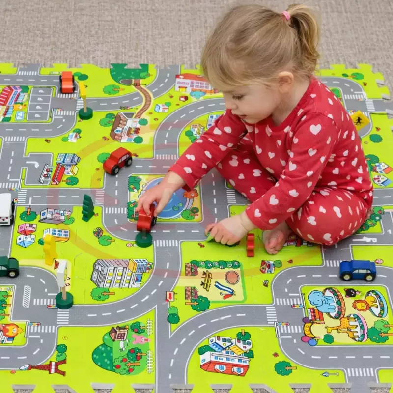 Covor puzzle din spuma EVA pentru copii – Pista masinute, 9 piese, 90x90 cm, grosime 1 cm