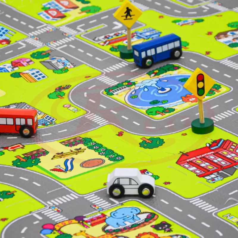 Covor puzzle din spuma EVA pentru copii – Pista masinute, 9 piese, 90x90 cm, grosime 1 cm