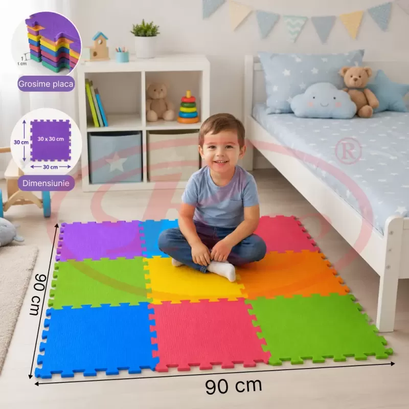 Covoras puzzle multicolor pentru copii din spuma EVA, 9 piese, dimensiune totala 90x90 cm