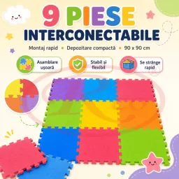 Covoras puzzle RCO pentru copii, EVA, design multicolor, 9 piese, 90 x 90 cm