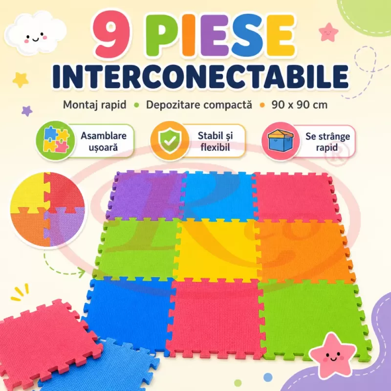 Covoras puzzle multicolor pentru copii din spuma EVA, 9 piese, dimensiune totala 90x90 cm
