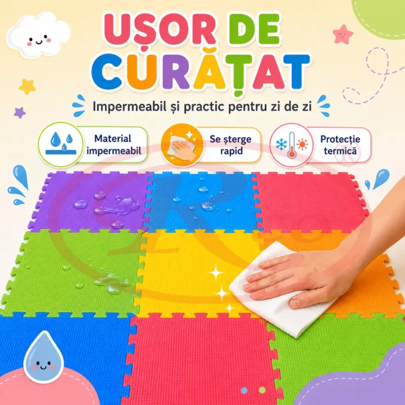 Covoras puzzle multicolor pentru copii din spuma EVA, 9 piese, dimensiune totala 90x90 cm