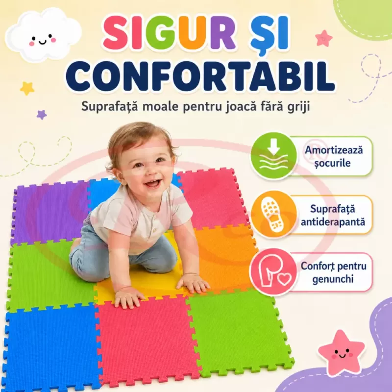 Covoras puzzle multicolor pentru copii din spuma EVA, 9 piese, dimensiune totala 90x90 cm