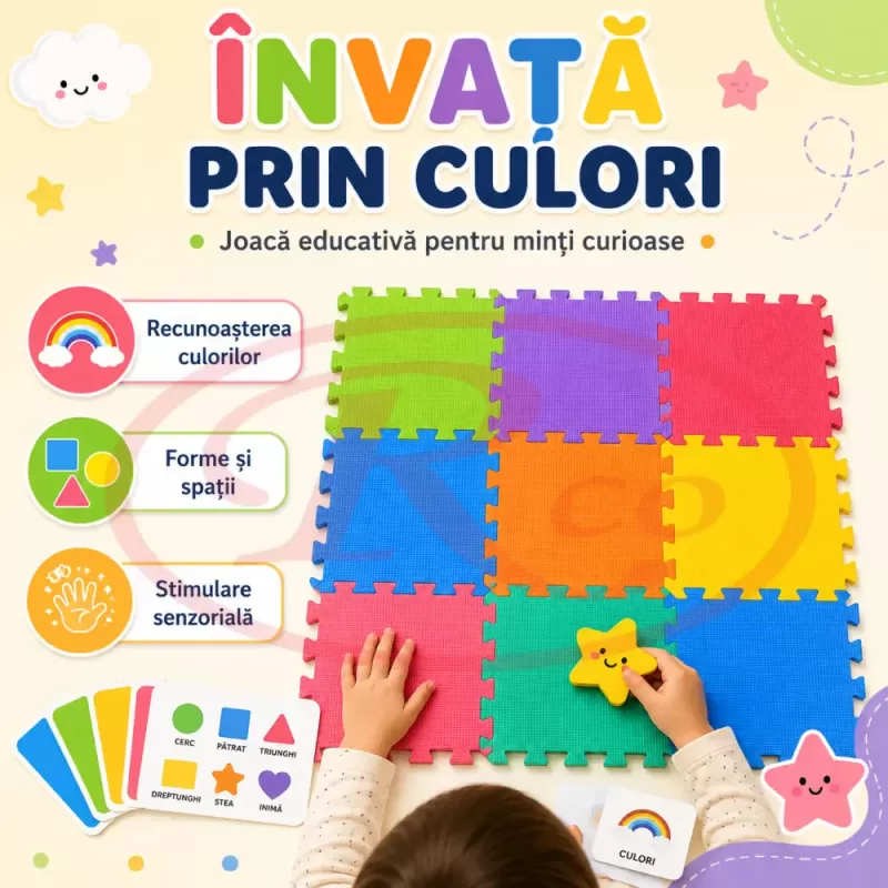 Covoras puzzle multicolor pentru copii din spuma EVA, 9 piese, dimensiune totala 90x90 cm