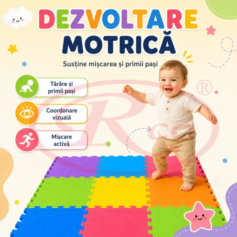 Covoras puzzle multicolor pentru copii din spuma EVA, 9 piese, dimensiune totala 90x90 cm