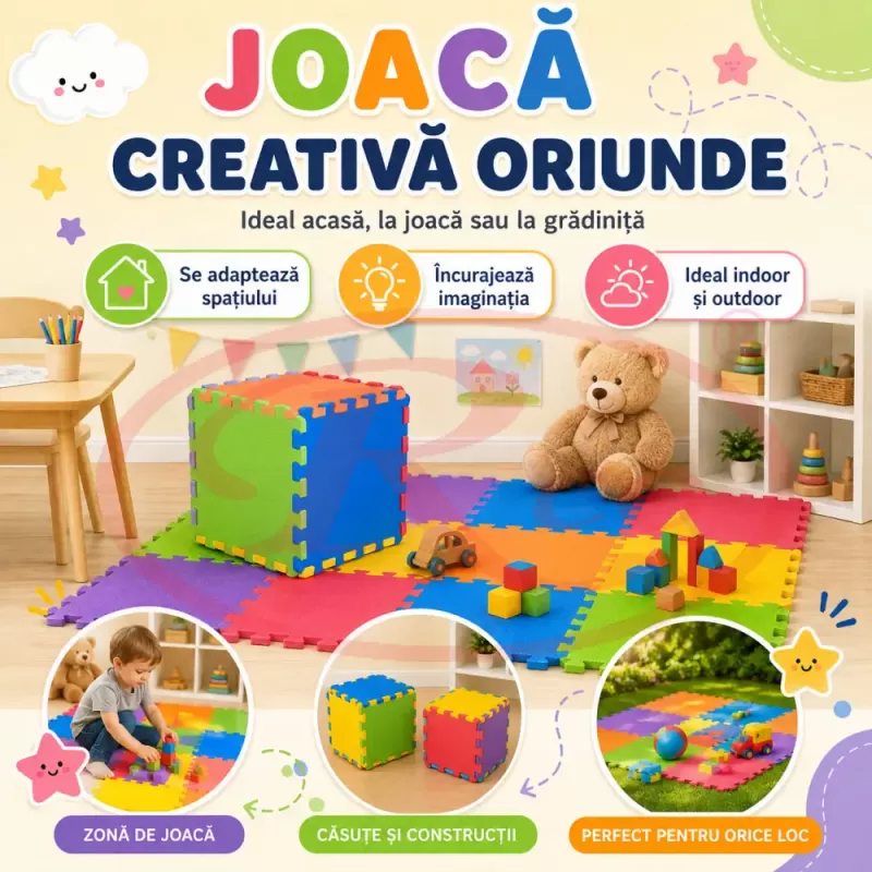 Covoras puzzle multicolor pentru copii din spuma EVA, 9 piese, dimensiune totala 90x90 cm