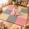 Covoras puzzle EVA pentru copii, 9 piese gri, crem si roz, dimensiune totala 90x90 cm