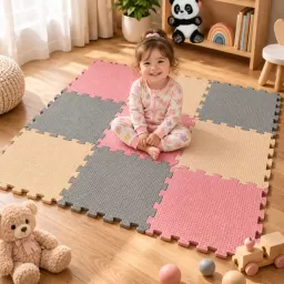 Covoras puzzle EVA pentru copii, 9 piese, 90×90 cm, grosime 1 cm, gri, crem si roz