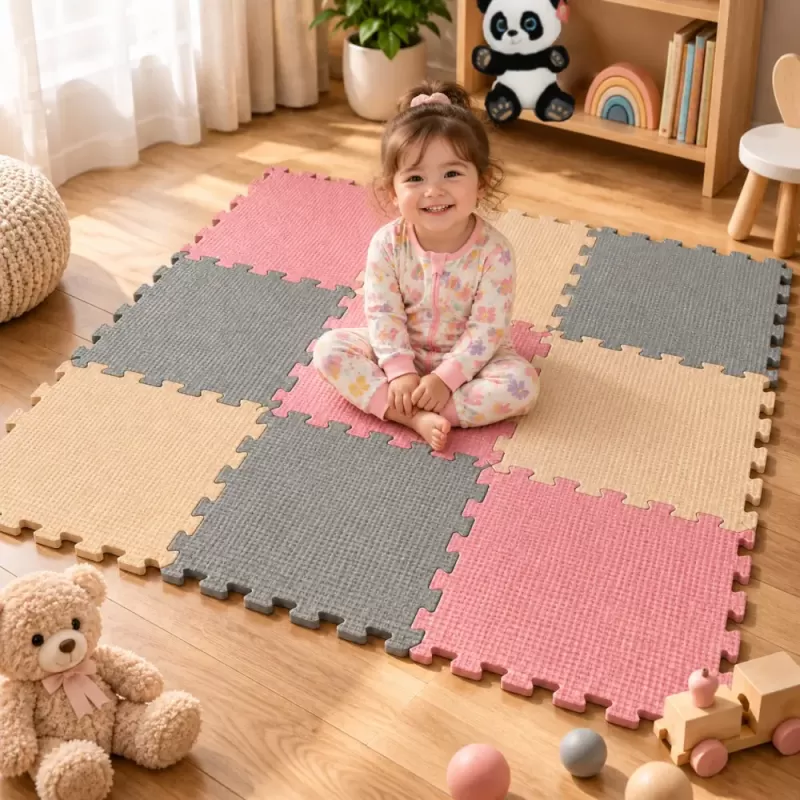 Covoras puzzle EVA pentru copii, 9 piese gri, crem si roz, dimensiune totala 90x90 cm