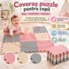 Covoras puzzle EVA pentru copii, 9 piese gri, crem si roz, dimensiune totala 90x90 cm