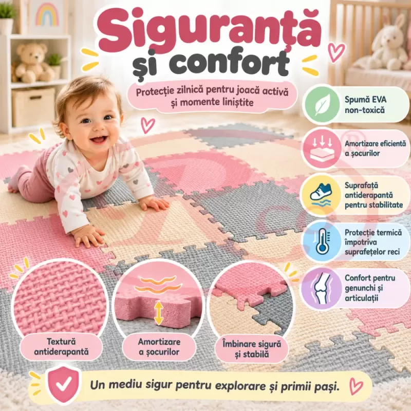 Covoras puzzle EVA pentru copii, 9 piese gri, crem si roz, dimensiune totala 90x90 cm