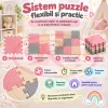 Covoras puzzle EVA pentru copii, 9 piese gri, crem si roz, dimensiune totala 90x90 cm