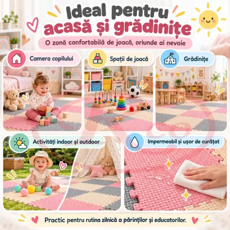 Covoras puzzle EVA pentru copii, 9 piese gri, crem si roz, dimensiune totala 90x90 cm