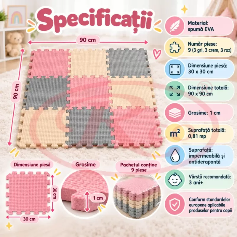 Covoras puzzle EVA pentru copii, 9 piese gri, crem si roz, dimensiune totala 90x90 cm