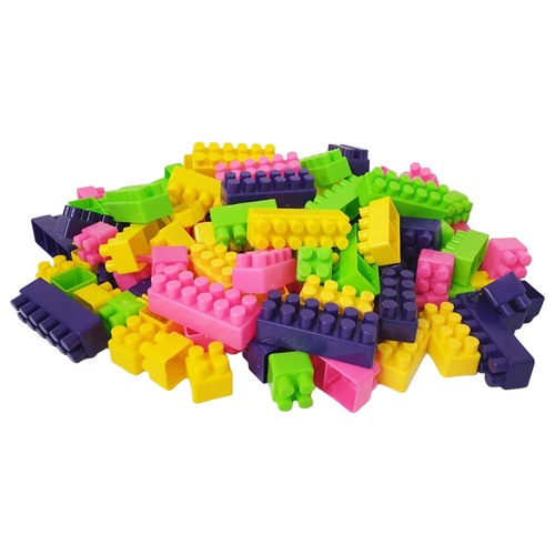 Cuburi de constructie din plastic, multicolore, in saculet, 140 piese