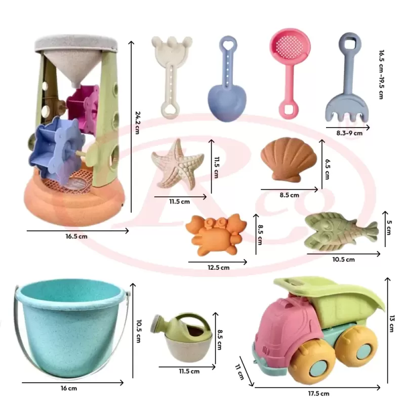 Set 12 Jucarii pentru Plaja si Nisip RCO® cu Camion si Accesorii – Culori Pastelate, +18 luni