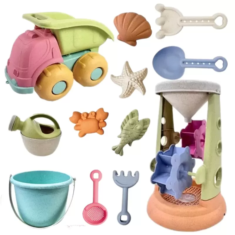 Set 12 Jucarii pentru Plaja si Nisip RCO® cu Camion si Accesorii – Culori Pastelate, +18 luni