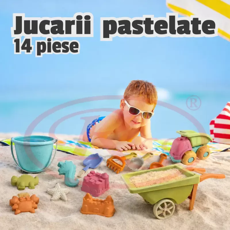 Set 14 Jucarii pentru Plaja si Nisip RCO® cu Camion si Accesorii – Culori Pastelate, +18 luni