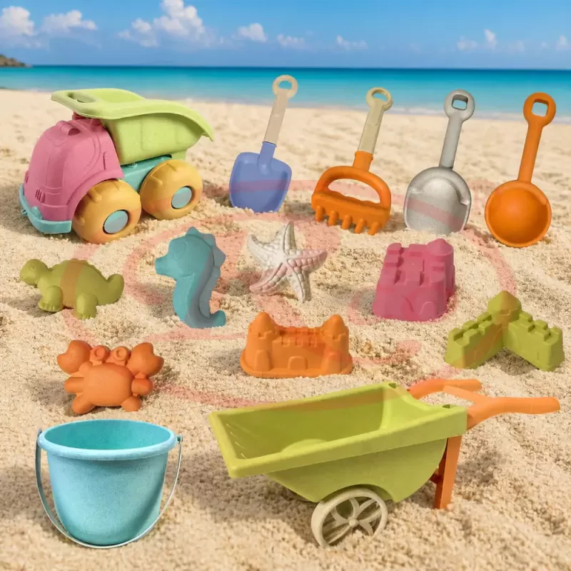 Set 14 Jucarii pentru Plaja si Nisip RCO® cu Camion si Accesorii – Culori Pastelate, +18 luni