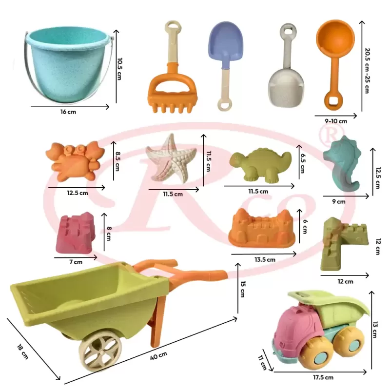 Set 14 Jucarii pentru Plaja si Nisip RCO® cu Camion si Accesorii – Culori Pastelate, +18 luni