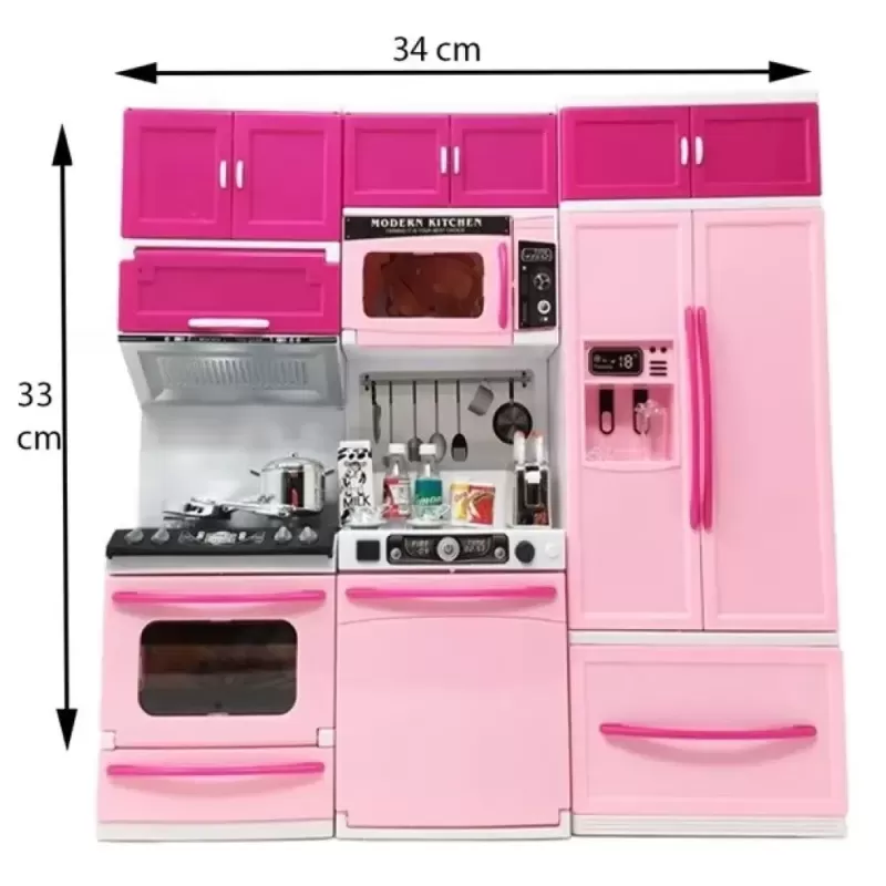 Set bucatarie moderna si electronica, pentru papusi si copii, din 3 corpuri si 20 de accesorii, 34x36cm