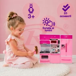 Set bucatarie moderna si electronica, pentru papusi si copii, din 3 corpuri si 20 de accesorii, 34x36cm