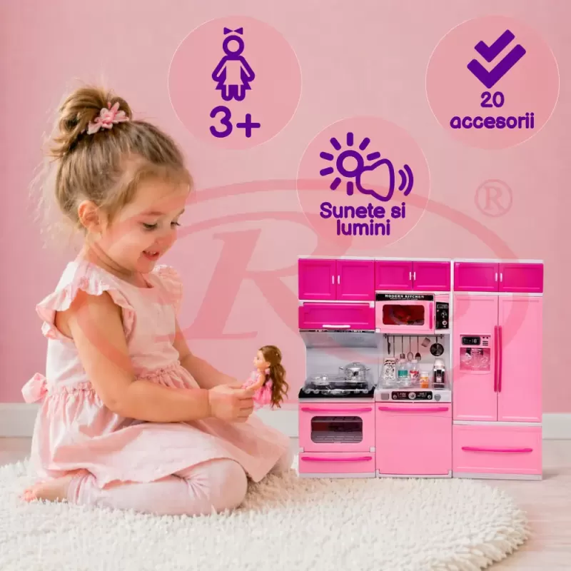 Set bucatarie moderna si electronica, pentru papusi si copii, din 3 corpuri si 20 de accesorii, 34x36cm