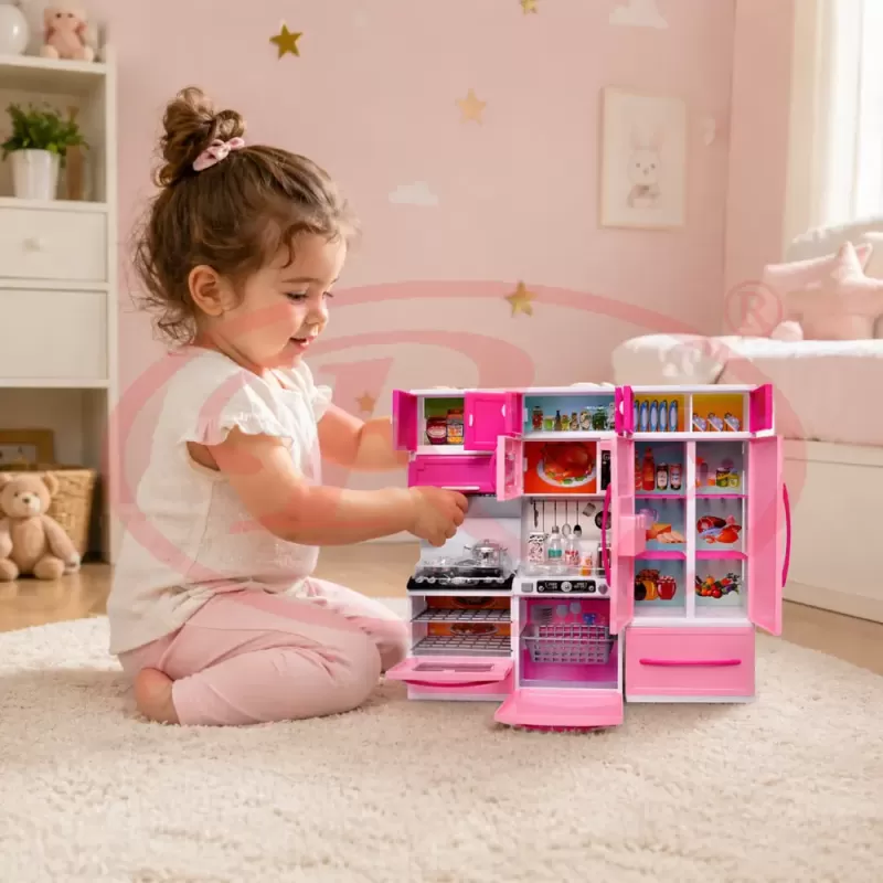 Set bucatarie moderna si electronica, pentru papusi si copii, din 3 corpuri si 20 de accesorii, 34x36cm