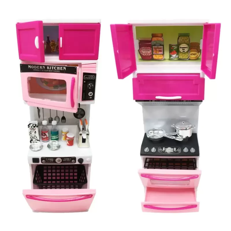 Set bucatarie moderna si electronica, pentru papusi si copii, din 3 corpuri si 20 de accesorii, 34x36cm