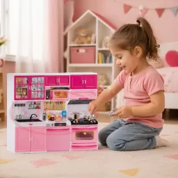 Set bucatarie moderna si electronica, pentru papusi si copii, din 3 corpuri si 20 de accesorii, 34x36cm