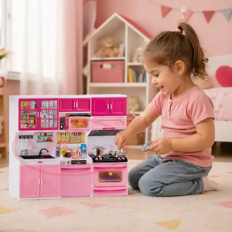 Set bucatarie moderna si electronica, pentru papusi si copii, din 3 corpuri si 20 de accesorii, 34x36cm