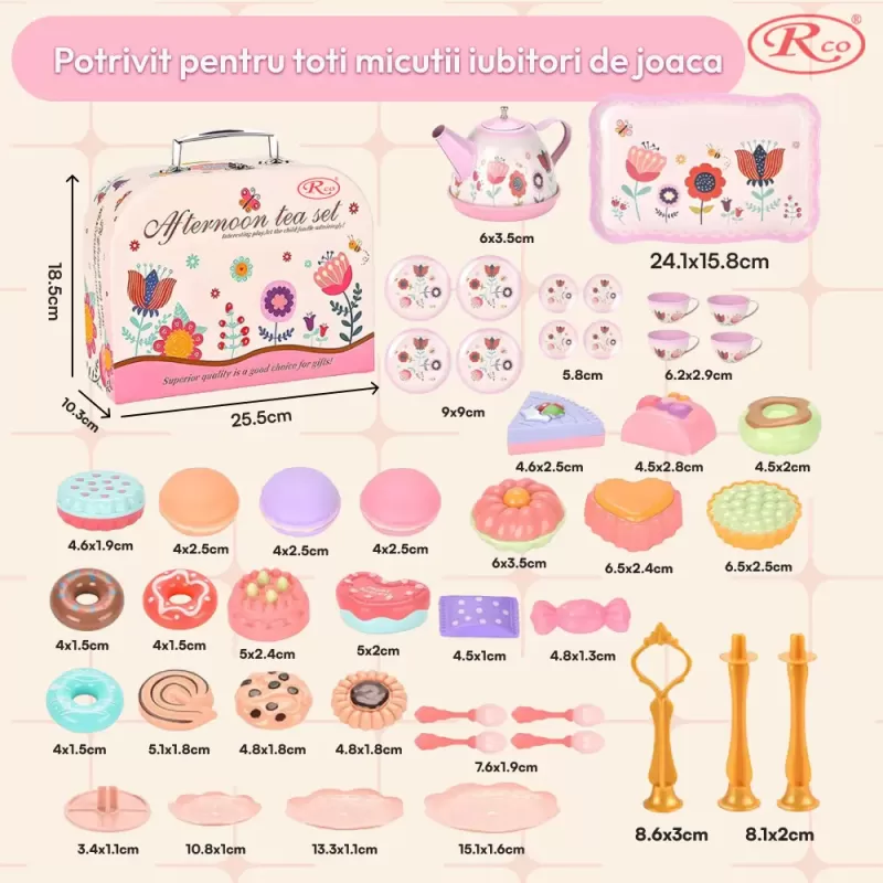 Set de ceai pentru copii, 45 piese din plastic/metal, cutie cu maner pentru depozitare si transport, multicolor, 3+ ani