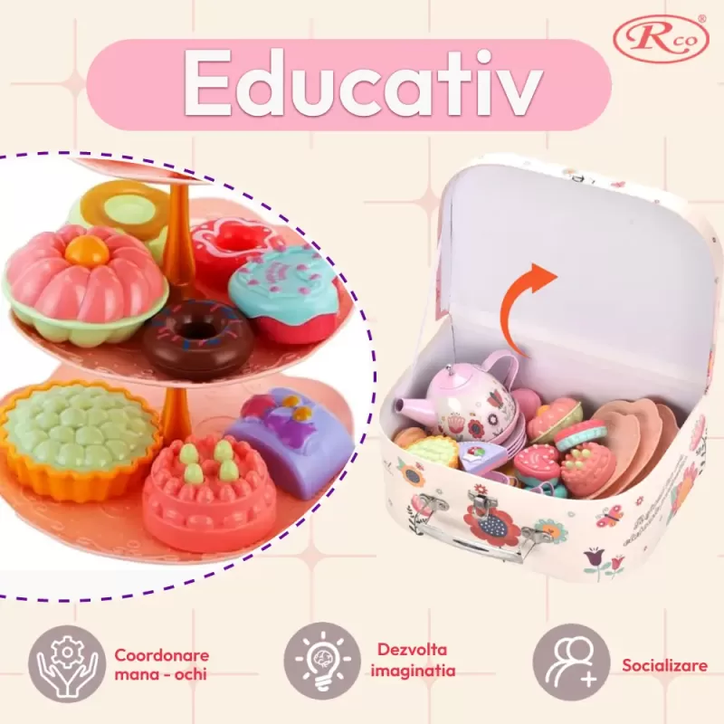 Set de ceai pentru copii, 45 piese din plastic/metal, cutie cu maner pentru depozitare si transport, multicolor, 3+ ani