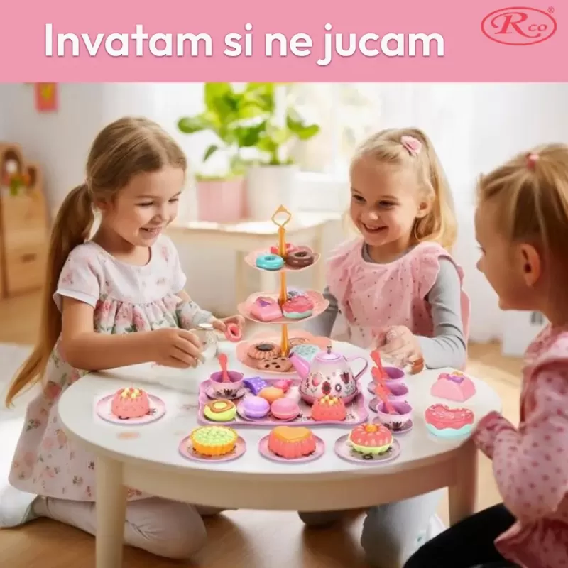 Set de ceai pentru copii, 45 piese din plastic/metal, cutie cu maner pentru depozitare si transport, multicolor, 3+ ani