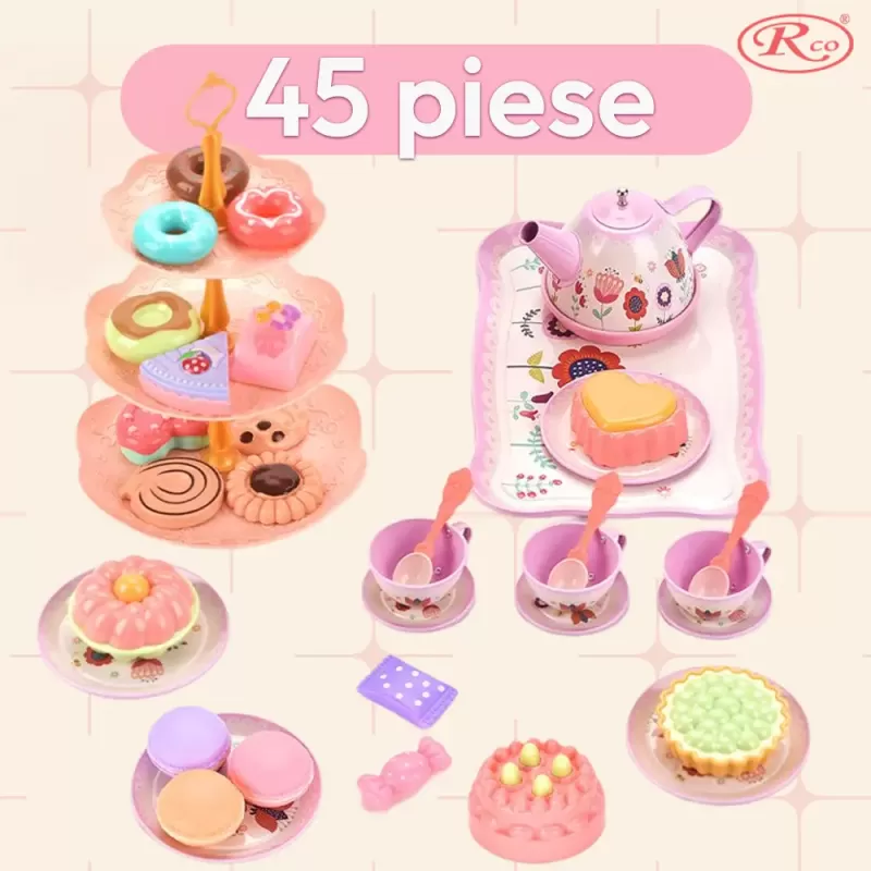 Set de ceai pentru copii, 45 piese din plastic/metal, cutie cu maner pentru depozitare si transport, multicolor, 3+ ani