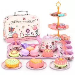 Set de ceai pentru copii, 45 piese din plastic/metal, cutie cu maner pentru depozitare si transport, multicolor, 3+ ani