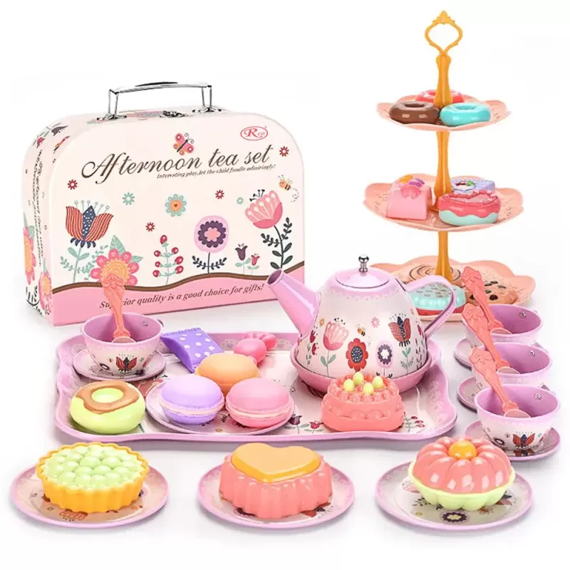 Set de ceai pentru copii, 45 piese din plastic/metal, cutie cu maner pentru depozitare si transport, multicolor, 3+ ani