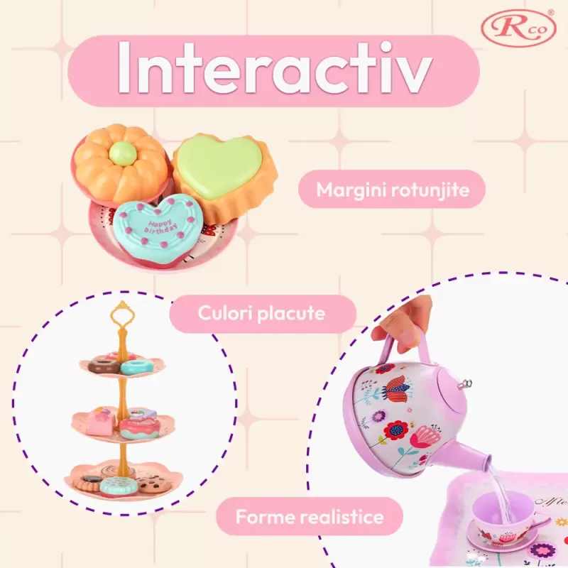 Set de ceai pentru copii, 45 piese din plastic/metal, cutie cu maner pentru depozitare si transport, multicolor, 3+ ani